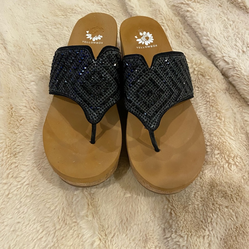 Yellow box beaded sandal wedges